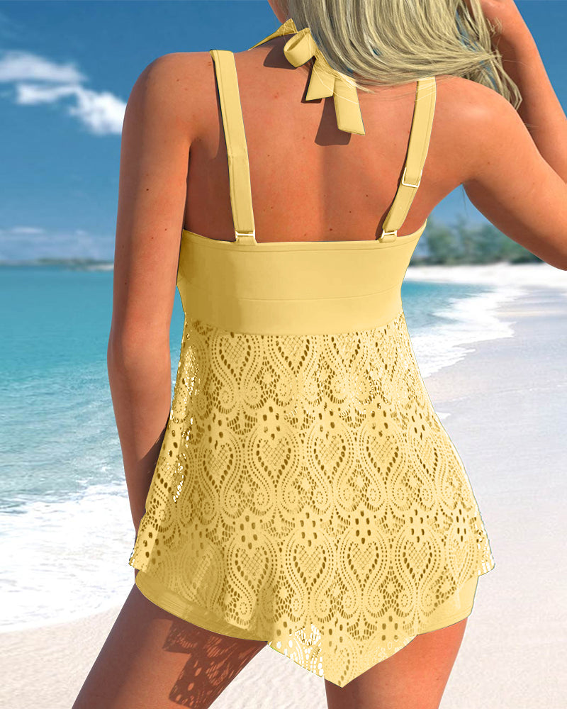 Costume tankini de couleur unie en dentelle cousue